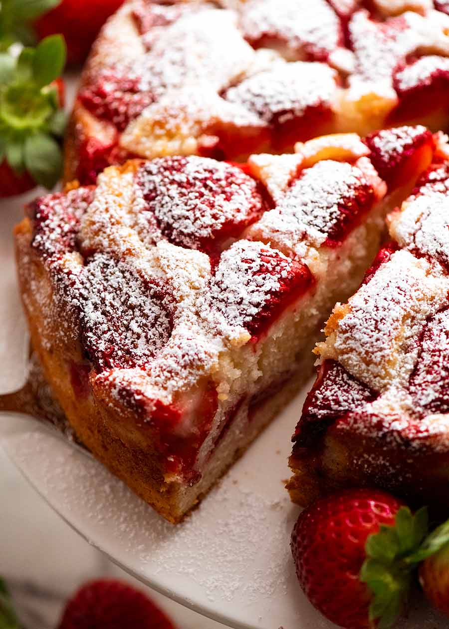 Close up of slice of Easy Strawberry Cake